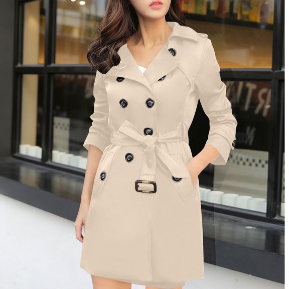 ClodeEU Women's Mid Long Notch Lapel Trench Tunic Coat ,Double Breasted Waterproof Trench Coat With Belt Khaki,Womens Plus M