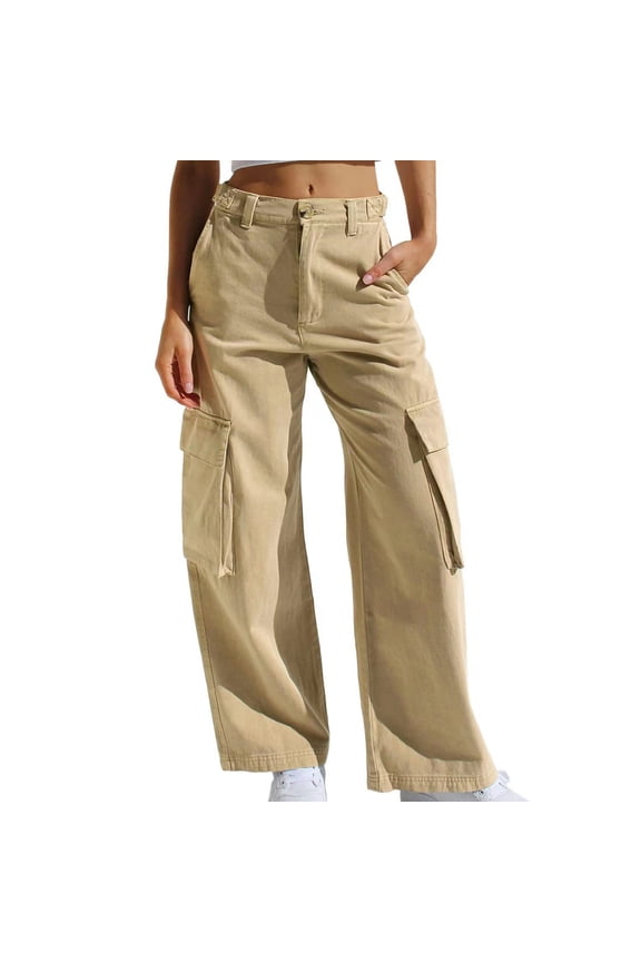 Women's Mid Rise Cargo Jean Pant,Straight Leg Pants with Pockets , Loose Fashion Pants Khaki,Womens Plus M