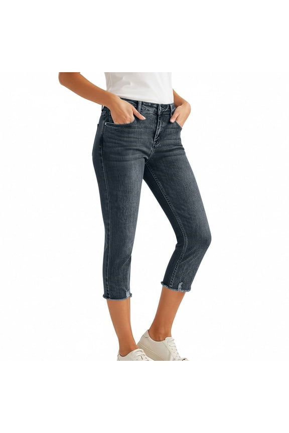 Women's Mid Rise Stretch Capri Jeans with Pockets ,Solid Color Casual Summer Denim Cropped Pants Black,Womens Plus L