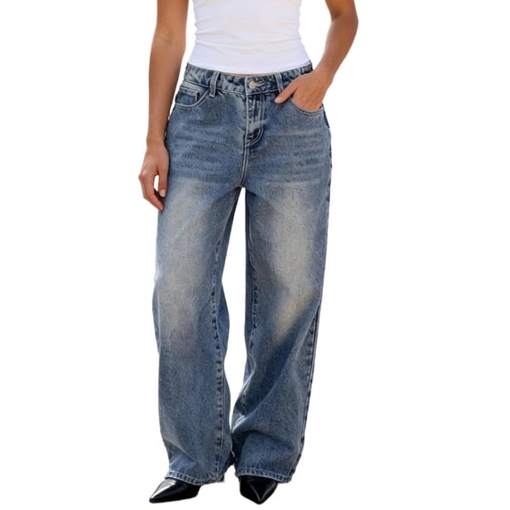 ClodeEU Women's Mid Rise Wide Leg Jeans, Vintage Washed Denim Baggy Pants Blue,Women's Plus L