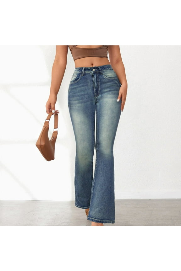 Women's Mid Waisted Jeans,Stretch Flare Jeans, Tummy Control Button Denim Pants Trousers Blue,Womens Plus XL