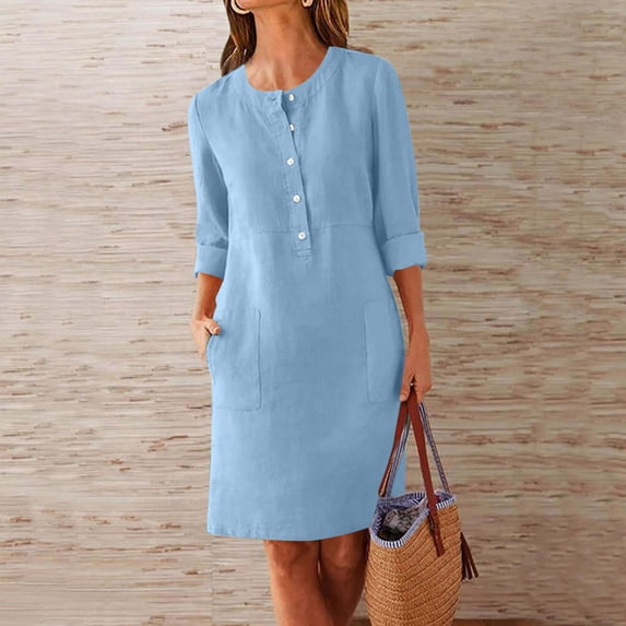ClodeEU Women's Mini Dresses, 2025 Button Shirt Dress, Long Sleeve Round Neck Dressy with Pockets Blue,Womens Plus XXL