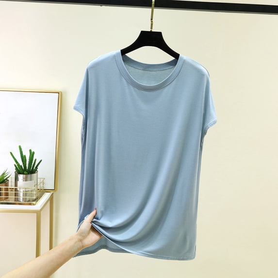 ClodeEU Women's Modal Crewneck Sleeveless Pullover T Shirt ,Solid Color Casual Layering Tee for Home Light Blue,Womens Plus XXL