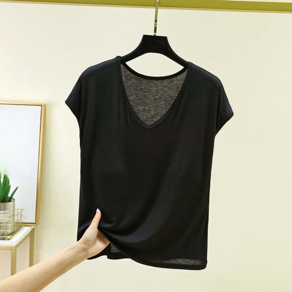 ClodeEU Women's Modal V Neck Short Sleeve Top,Casual Loose T-Shirt,Comfy Solid Color Summer Blouse with Padding Black,Women's Plus L
