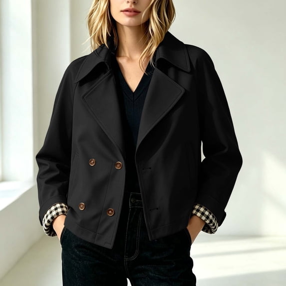 ClodeEU Women's Notch Collar Button Short Trench Coat,Long Sleeve Double Breasted Casual Jacket ,Women's Plus L