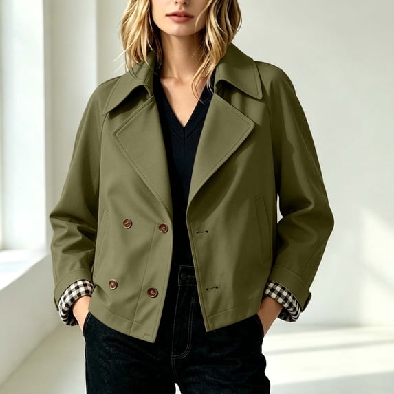 ClodeEU Women's Notch Collar Button Short Trench Coat,Long Sleeve Double Breasted Casual Jacket ,Women's Plus L
