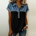 thumbnail image 1 of ClodeEU Women's Notch Collar Patchwork Denim Short Sleeve Shirt ,Trendy Casual Blouse Black,Womens Plus S, 1 of 5