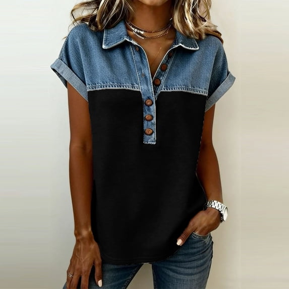 ClodeEU Women's Notch Collar Patchwork Denim Short Sleeve Shirt ,Trendy Casual Blouse Black,Womens Plus S