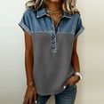 thumbnail image 1 of ClodeEU Women's Notch Collar Patchwork Denim Short Sleeve Shirt ,Trendy Casual Blouse Gray,Womens Plus XL, 1 of 5
