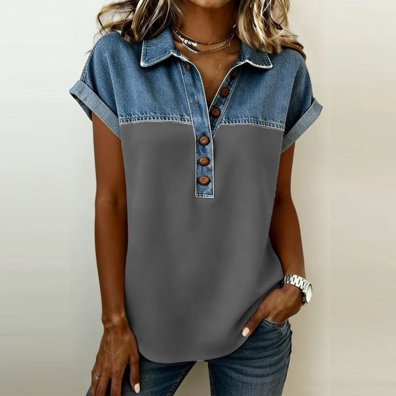 ClodeEU Women's Notch Collar Patchwork Denim Short Sleeve Shirt ,Trendy Casual Blouse Gray,Womens Plus XL