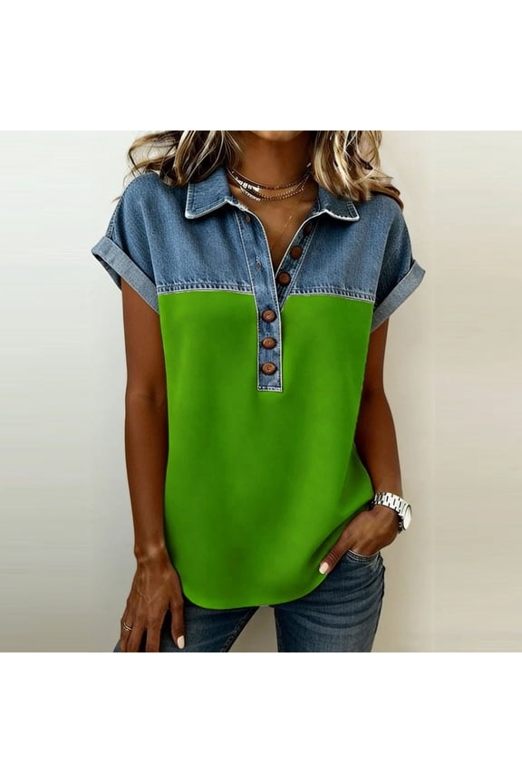 Women's Notch Collar Patchwork Denim Short Sleeve Shirt ,Trendy Casual Blouse Green,Womens Plus S