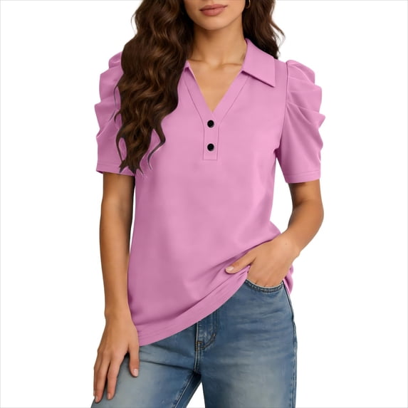 ClodeEU Women's Notch Collar Puff Short Sleeve Tops ,V Neck Shirts Casual Summer Blouses Fashion Trendy Clothing Pink,Womens Plus S