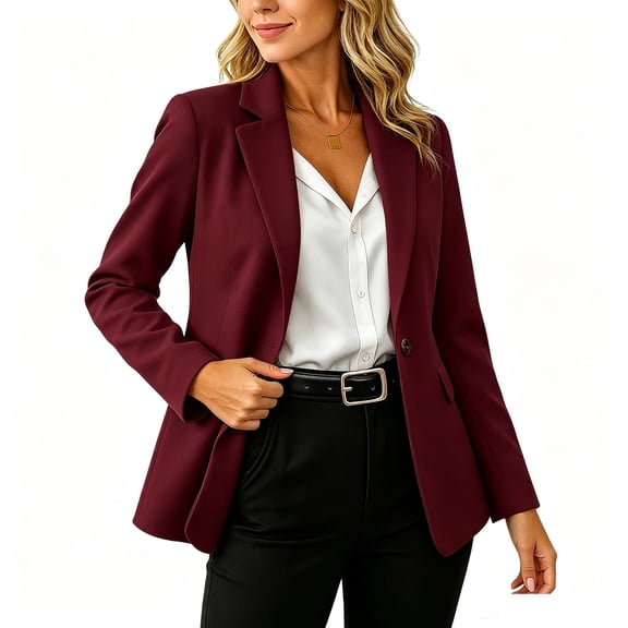 ClodeEU Women's Notch Lapel Long Sleeve Single Button Blazer Jacket,Lightweight Office Suit Coat with Pockets Wine,Women's Plus L