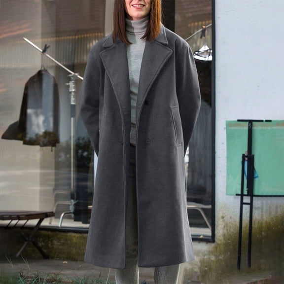 ClodeEU Women's Notch Lapel Mid Long Trench Coat ,Wool Blend Coat ,Double Breasted Outerwear Jacket Gray,Womens Plus M