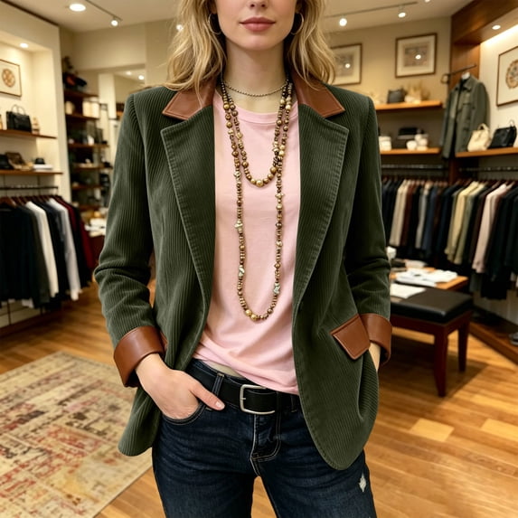 ClodeEU Women's Notched Lapel Open Front Corduroy Blazer with Pockets,Casual Loose Vintage Suit Jacket Army Green,Women's Plus L