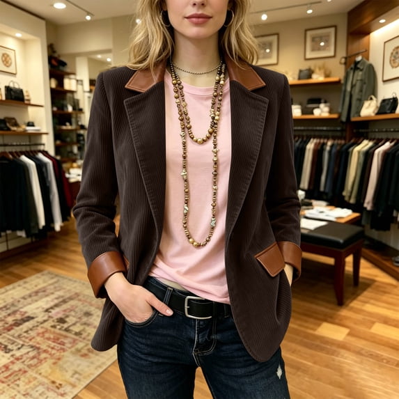 ClodeEU Women's Notched Lapel Open Front Corduroy Blazer with Pockets,Casual Loose Vintage Suit Jacket Coffee,Women's Plus L