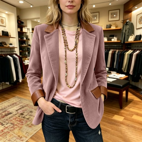 ClodeEU Women's Notched Lapel Open Front Corduroy Blazer with Pockets,Casual Loose Vintage Suit Jacket Pink,Women's Plus S