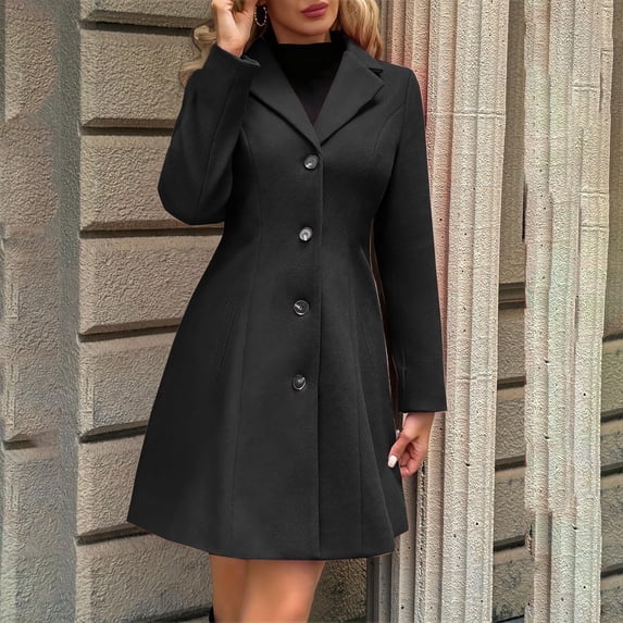 ClodeEU Women's Notched Lapel Wool Blend Mid Length Coat,Long Sleeve Single Breasted Slim Fit Warm Winter Overcoat ,Women's Plus L