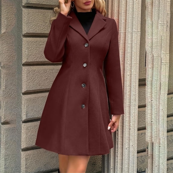 ClodeEU Women's Notched Lapel Wool Blend Mid Length Coat,Long Sleeve Single Breasted Slim Fit Warm Winter Overcoat ,Women's Plus XXXL