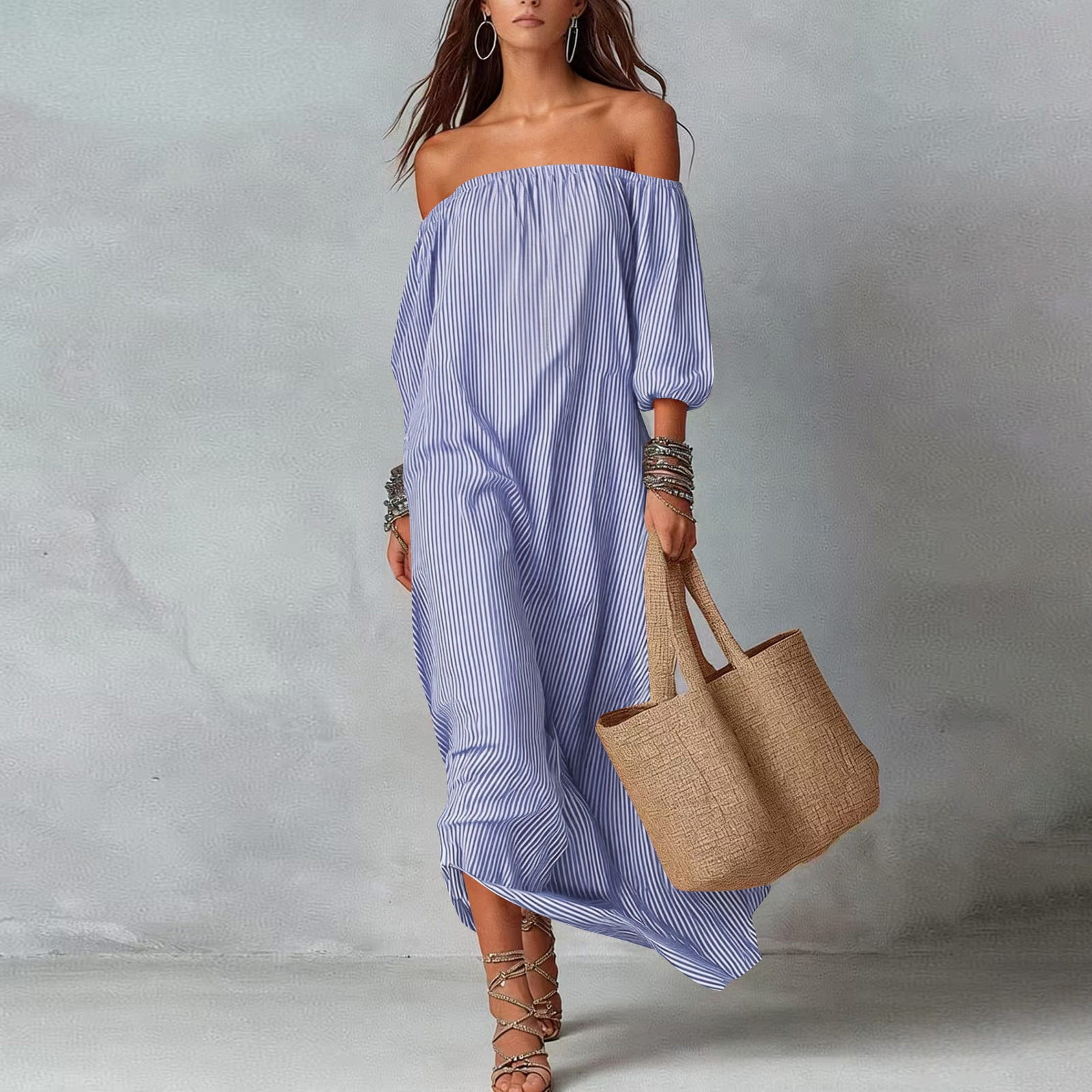 ClodeEU Women's Off Shoulder Long Sleeve High-Low Ruffle Midi Dress ...