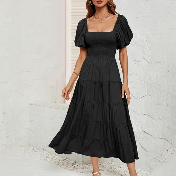 ClodeEU Women's Off Shoulder Puff Sleeve Cinched Waist Midi Dress,Casual Summer Midi Dress Black,Women's Plus L