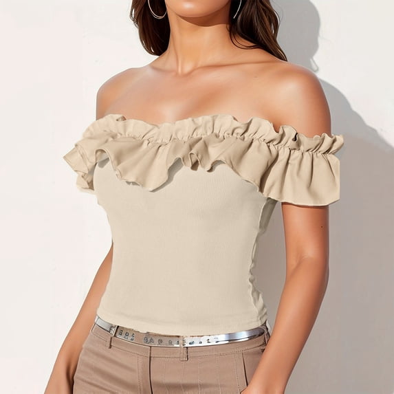 ClodeEU Women's Off Shoulder Ruffle Short Sleeve Blouse Tops Shirt Beige,Womens Plus M