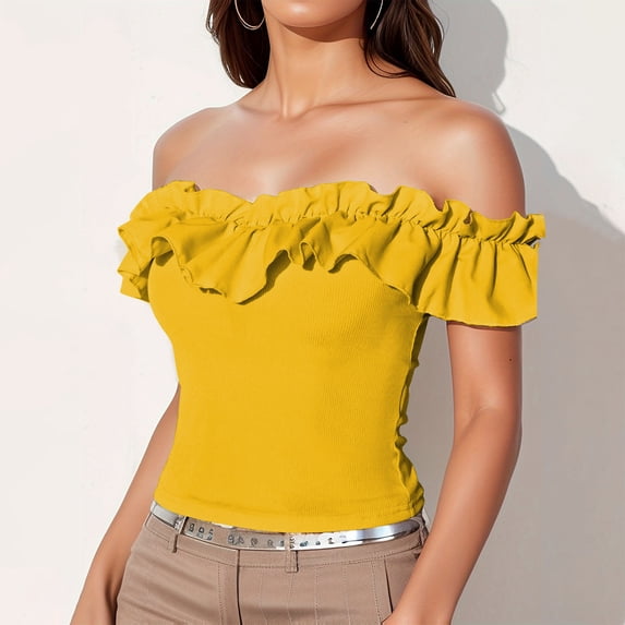 ClodeEU Women's Off Shoulder Ruffle Short Sleeve Blouse Tops Shirt Yellow,Womens Plus XXL