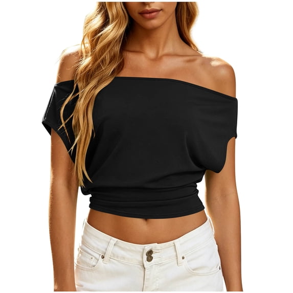 ClodeEU Women's Off Shoulder Short Sleeve Crop Top, Casual Solid Color Blouse Black,Women's Plus L