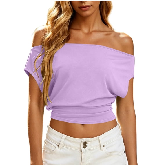 ClodeEU Women's Off Shoulder Short Sleeve Crop Top, Casual Solid Color Blouse Purple,Women's Plus L
