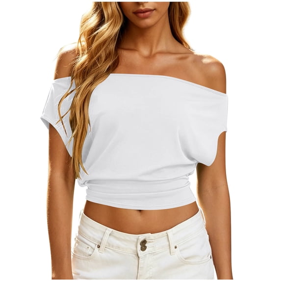 ClodeEU Women's Off Shoulder Short Sleeve Crop Top, Casual Solid Color Blouse White,Women's Plus S