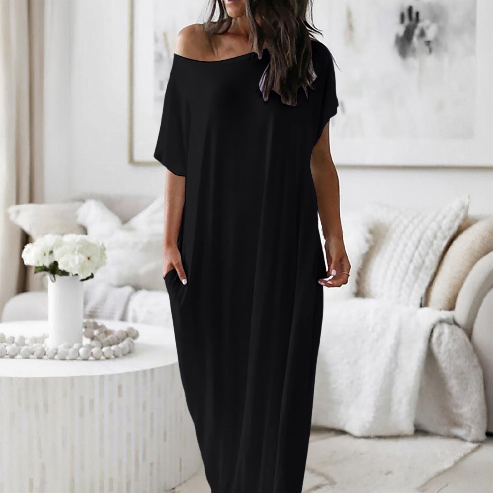 black off shoulder dress casual Cotton Poplin Midi Off-Shoulder 64" / Petite (5'1" and below) flattering for all body types Black Dress Off One Shoulder