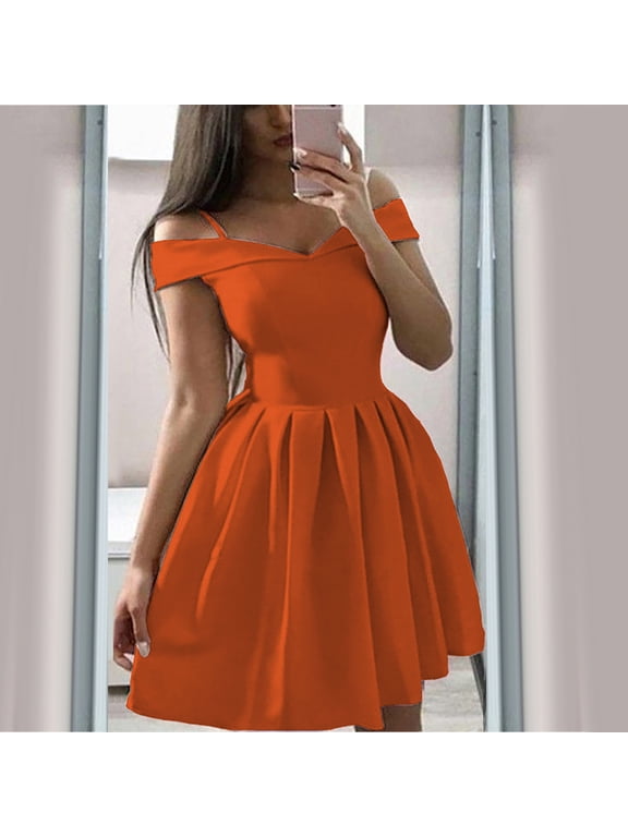 U Women's Off The Shoulder Short Sleeve A Line Mini Dress,Elegant Cocktail Party Prom Dress Orange,Women's Plus XXXL