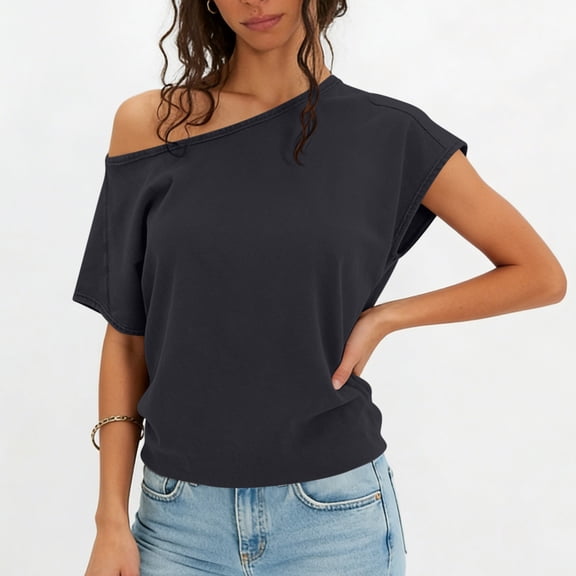 ClodeEU Women's Off the Shoulder Short Sleeve T-Shirt,Loose-Fit Solid Color Summer Top Black,Women's Plus L