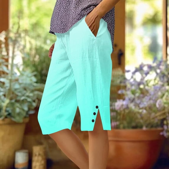 ClodeEU Women's Ombre Straight Leg Knee Length Shorts with Pockets and Side Slit Button,Loose Fit Casual Summer Bermuda Pants Mint Green,Womens Plus M