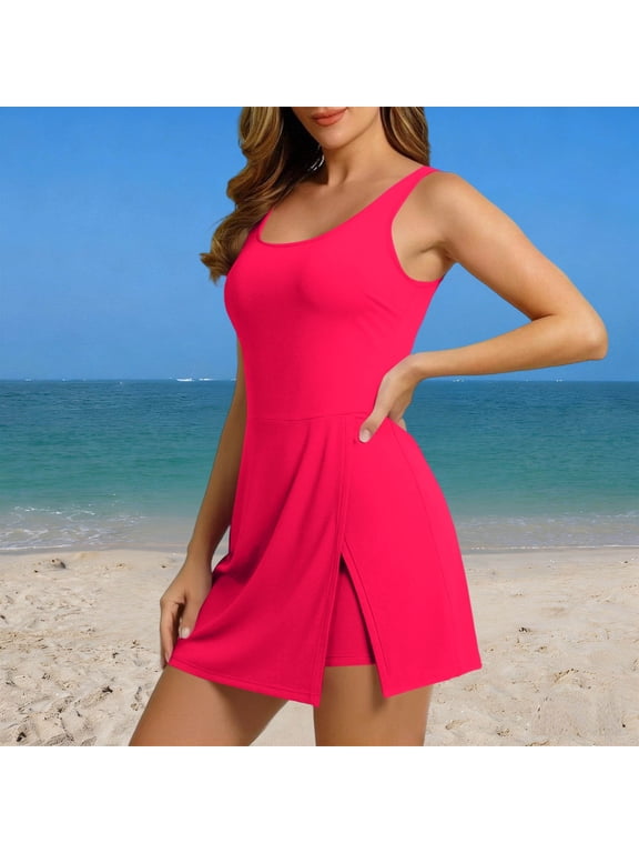 Women's One Piece Swimsuit with Built in Pads,Sporty Modest Slim Fit Skirted Swimwear Hot Pink,Womens Plus XXL