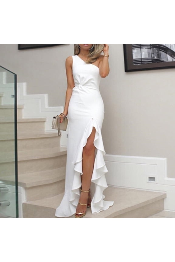 U Women's One Shoulder Sleeveless Evening Gown ,Ruffle Flared Hem Dress with Side Slit White,Womens Plus M