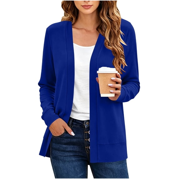 ClodeEU Women's Open Front Long Sleeve Knit Cardigan,Casual Loose Mid Length Sweater Coat Blue,Women's Plus L