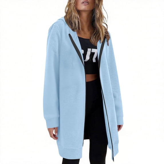 ClodeEU Women's Open Top,Solid Color Zipper Long Sleeved ,Length Hooded Sweatshirt Jacket Tops Light Blue,Womens Plus L