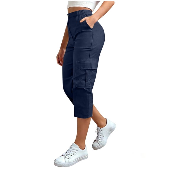 ClodeEU Women's Outdoor Utility Cargo Capris Pants , Elastic Waist with Button and Zipper Closure, Multi Pockets Navy,Womens Plus S