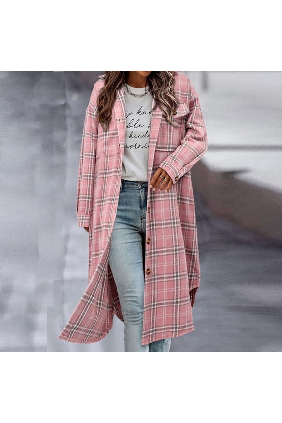 Women's Oversized Button Long Plaid Flannel Shirts, Lounge Cardigan Coat with Pockets Pink,Womens Plus XXL