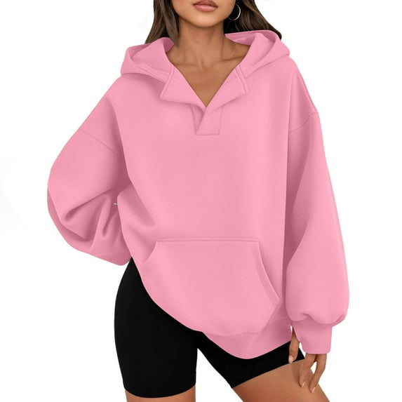 ClodeEU Women's Oversized Hoodies,Long Sleeve with Pocket, V Neck Pullover Fleece Sweatshirt Pink,Womens Plus L