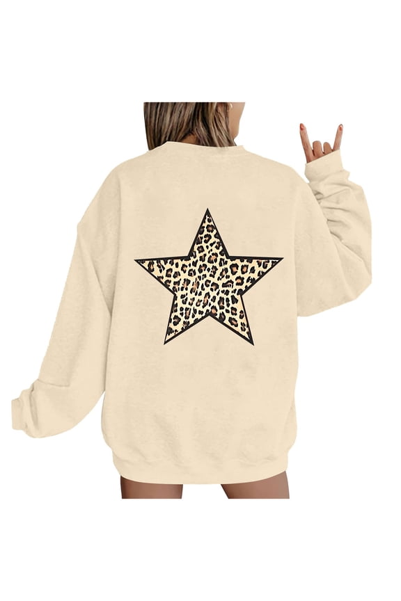 Women's Oversized Leopard and Star Back Print Sweatshirt, Crewneck Long Sleeve Pullover Tops Beige,Womens Plus M