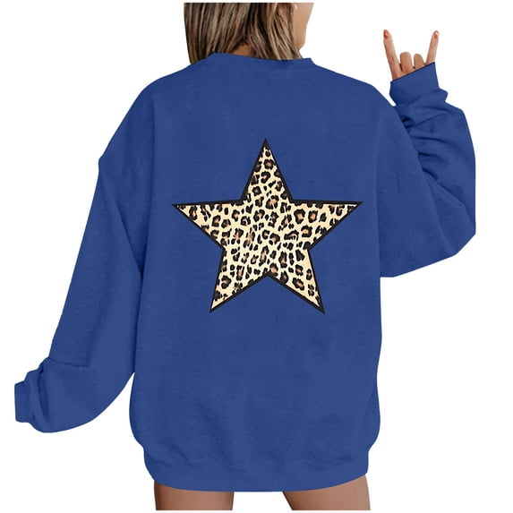 ClodeEU Women's Oversized Leopard and Star Back Print Sweatshirt, Crewneck Long Sleeve Pullover Tops Blue,Womens Plus S