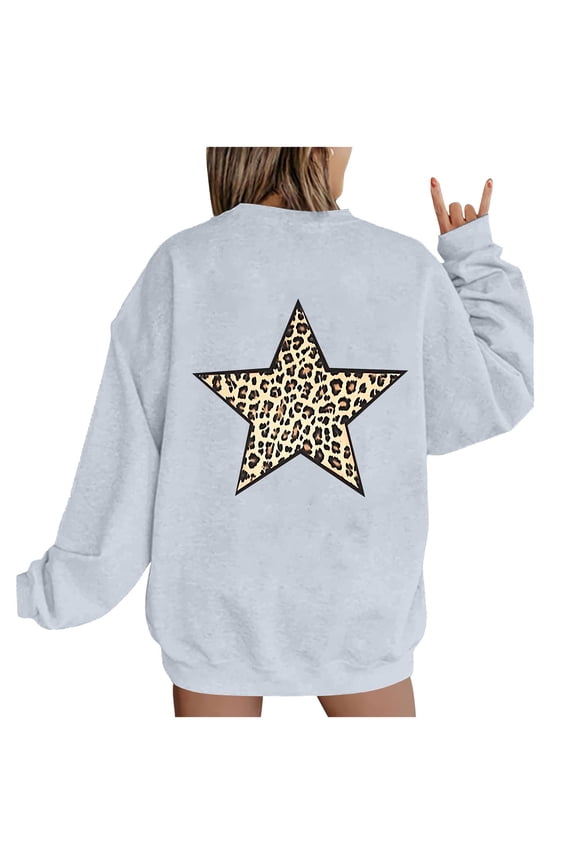 Women's Oversized Leopard and Star Back Print Sweatshirt, Crewneck Long Sleeve Pullover Tops Gray,Womens Plus XXL