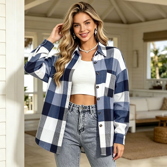 ClodeEU Women's Oversized Plaid Button Down Long Sleeve Shirt,Casual Loose Overshirt Blue,Women's Plus XXXL