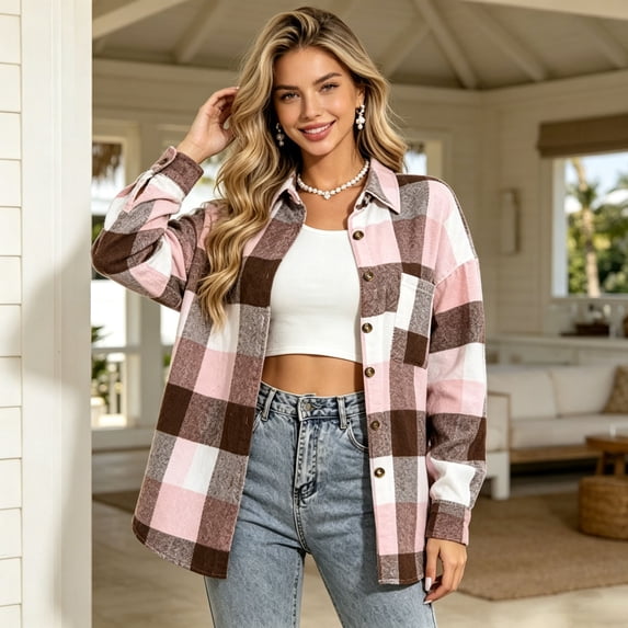 ClodeEU Women's Oversized Plaid Button Down Long Sleeve Shirt,Casual Loose Overshirt Pink,Women's Plus S