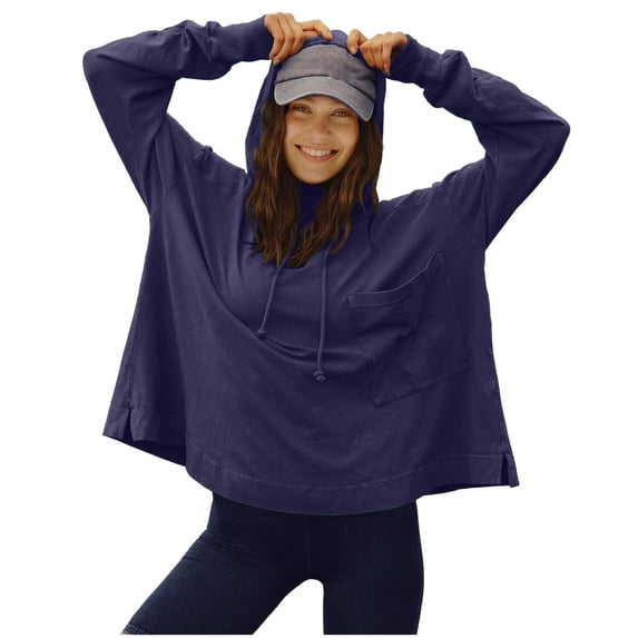 ClodeEU Women's Oversized Solid Color Hooded Pullover ,Long Sleeve Loose Sweatshirt With Pockets Navy,Womens Plus XL