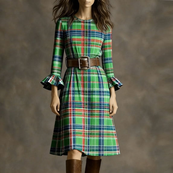 ClodeEU Women's Plaid Flare Long Sleeve Dress ,Ruched Smocked Tiered Ruffle A Line Casual Boho Dresses with Belt Green,Womens Plus M