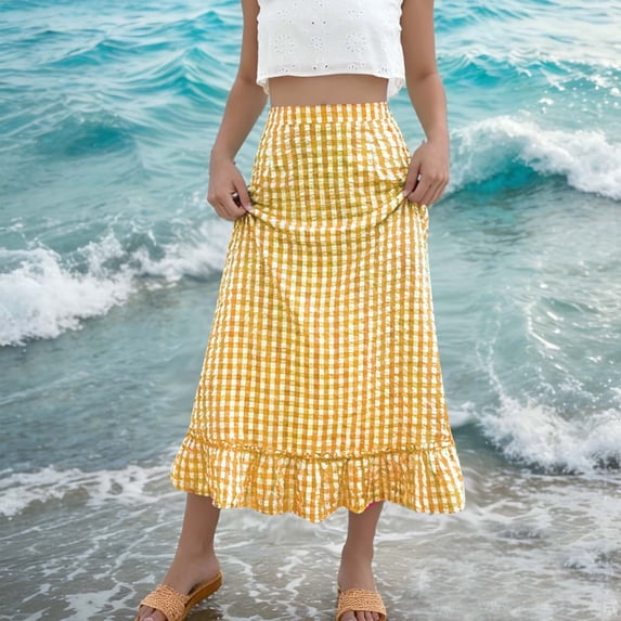 ClodeEU Women's Plaid High Waist Midi Skirt,Ruffle Hem Flowy A-Line Skirt Yellow,Women's Plus S
