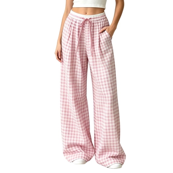 ClodeEU Women's Plaid High Waisted Wide Leg Pants ,Loose Fit Straight Floor Length Trousers for Summer Pink,Women's Plus L